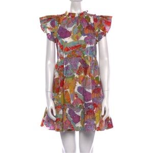 NWOT Caroline Constas Papillon Print Butterfly Ruffle Mini Cotton Dress Sz XS